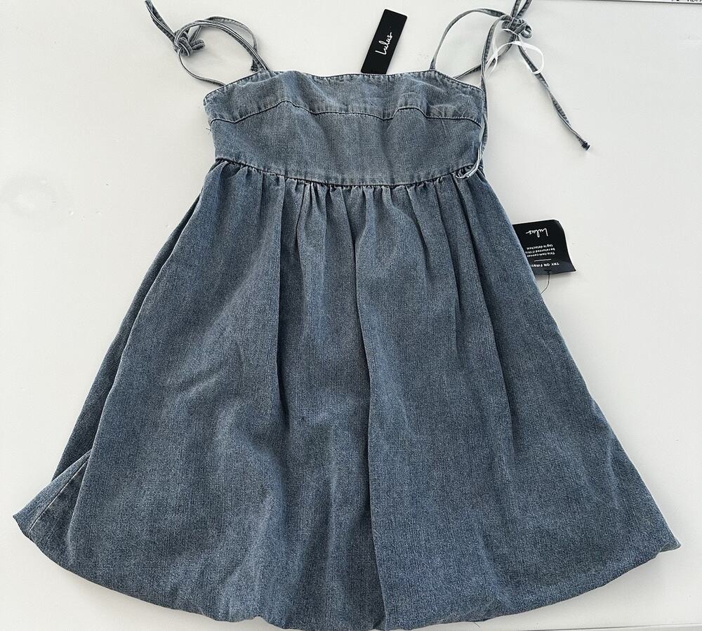 LULUS Dress Denim Chasing Daylight Medium Wash Off-the-Shoulder Mini Sz XXS NWT